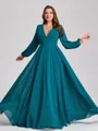 A-line V-neck Long Sleeves Pleated Sweep Train Chiffon Corset Plus Size Bridesmaid Dress