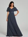 A-Line/Princess V-neck Sweep/Brush Train Short Sleeves Chiffon Bridesmaid Dress