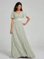 A-Line/Princess V-neck Sweep/Brush Train Short Sleeves Chiffon Bridesmaid Dress