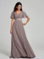 A-Line/Princess V-neck Sweep/Brush Train Short Sleeves Chiffon Bridesmaid Dress