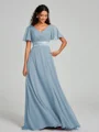 A-Line/Princess V-neck Sweep/Brush Train Short Sleeves Chiffon Bridesmaid Dress