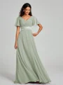 A-Line/Princess V-neck Sweep/Brush Train Short Sleeves Chiffon Bridesmaid Dress