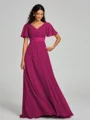 A-Line/Princess V-neck Sweep/Brush Train Short Sleeves Chiffon Bridesmaid Dress