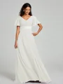A-Line/Princess V-neck Sweep/Brush Train Short Sleeves Chiffon Bridesmaid Dress