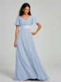 A-Line/Princess V-neck Sweep/Brush Train Short Sleeves Chiffon Bridesmaid Dress