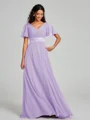 A-Line/Princess V-neck Sweep/Brush Train Short Sleeves Chiffon Bridesmaid Dress