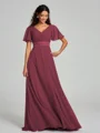 A-Line/Princess V-neck Sweep/Brush Train Short Sleeves Chiffon Bridesmaid Dress