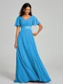 A-Line/Princess V-neck Sweep/Brush Train Short Sleeves Chiffon Bridesmaid Dress