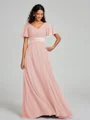 A-Line/Princess V-neck Sweep/Brush Train Short Sleeves Chiffon Bridesmaid Dress