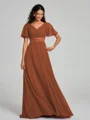 A-Line/Princess V-neck Sweep/Brush Train Short Sleeves Chiffon Bridesmaid Dress