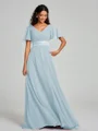 A-Line/Princess V-neck Sweep/Brush Train Short Sleeves Chiffon Bridesmaid Dress
