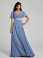 A-Line/Princess V-neck Sweep/Brush Train Short Sleeves Chiffon Bridesmaid Dress