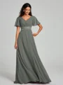 A-Line/Princess V-neck Sweep/Brush Train Short Sleeves Chiffon Bridesmaid Dress