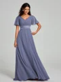 A-Line/Princess V-neck Sweep/Brush Train Short Sleeves Chiffon Bridesmaid Dress