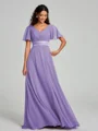 A-Line/Princess V-neck Sweep/Brush Train Short Sleeves Chiffon Bridesmaid Dress