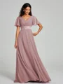 A-Line/Princess V-neck Sweep/Brush Train Short Sleeves Chiffon Bridesmaid Dress