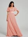 A-Line/Princess V-neck Sweep/Brush Train Short Sleeves Chiffon Bridesmaid Dress