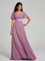 A-Line/Princess V-neck Sweep/Brush Train Short Sleeves Chiffon Bridesmaid Dress