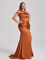 Sheath Off-the-Shoulder Pleated Sweep Train Silk Like Satin Corset Plus Size Bridesmaid Dress