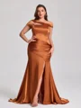 Sheath Off-the-Shoulder Pleated Sweep Train Silk Like Satin Corset Plus Size Bridesmaid Dress