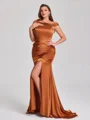 Sheath Off-the-Shoulder Pleated Sweep Train Silk Like Satin Corset Plus Size Bridesmaid Dress