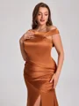Sheath Off-the-Shoulder Pleated Sweep Train Silk Like Satin Corset Plus Size Bridesmaid Dress