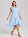 A-line V-neck Short Sleeves Pleated Asymmetrical Chiffon Corset Plus Size Bridesmaid Dress