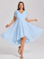 A-line V-neck Short Sleeves Pleated Asymmetrical Chiffon Corset Plus Size Bridesmaid Dress