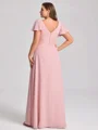 A-line V-neck Short Sleeves Pleated Floor-Length Chiffon Corset Plus Size Bridesmaid Dress