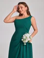 A-line One-Shoulder Pleated Floor-Length Chiffon Corset Plus Size Bridesmaid Dress