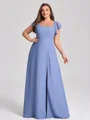 A-line Square Short Sleeves Floor-Length Chiffon Plus Size Bridesmaid Dress