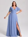 A-line V-neck Short Sleeves Pleated Floor-Length Chiffon Corset Plus Size Bridesmaid Dress