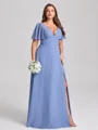 A-line V-neck Short Sleeves Pleated Floor-Length Chiffon Corset Plus Size Bridesmaid Dress
