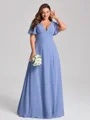A-line V-neck Short Sleeves Pleated Floor-Length Chiffon Corset Plus Size Bridesmaid Dress