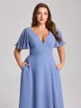A-line V-neck Short Sleeves Pleated Floor-Length Chiffon Corset Plus Size Bridesmaid Dress