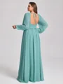 A-line V-neck Long Sleeves Pleated Floor-Length Chiffon Plus Size Bridesmaid Dress