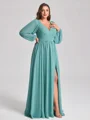 A-line V-neck Long Sleeves Pleated Floor-Length Chiffon Plus Size Bridesmaid Dress