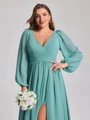 A-line V-neck Long Sleeves Pleated Floor-Length Chiffon Plus Size Bridesmaid Dress