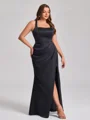 Sheath Square Pleated Floor-Length Satin Plus Size Bridesmaid Dress