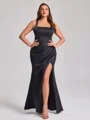 Sheath Square Pleated Floor-Length Satin Plus Size Bridesmaid Dress
