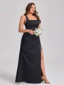 Sheath Square Pleated Floor-Length Satin Plus Size Bridesmaid Dress