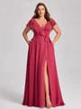 A-line V-neck Short Sleeves Sash/Ribbon/Belt Floor-Length Chiffon Plus Size Bridesmaid Dress