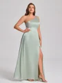 A-line One-Shoulder Floor-Length Silk Like Satin Plus Size Bridesmaid Dress