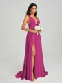 A-Line/Princess V-neck Sweep/Brush Train Sleeveless Jersey Bridesmaid Dress