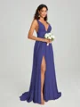 A-Line/Princess V-neck Sweep/Brush Train Sleeveless Jersey Bridesmaid Dress