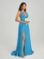 A-Line/Princess V-neck Sweep/Brush Train Sleeveless Jersey Bridesmaid Dress