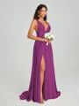 A-Line/Princess V-neck Sweep/Brush Train Sleeveless Jersey Bridesmaid Dress