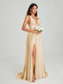 A-Line/Princess V-neck Sweep/Brush Train Sleeveless Jersey Bridesmaid Dress