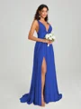 A-Line/Princess V-neck Sweep/Brush Train Sleeveless Jersey Bridesmaid Dress