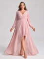 A-line V-neck Long Sleeves Pleated Asymmetrical Chiffon Plus Size Bridesmaid Dress